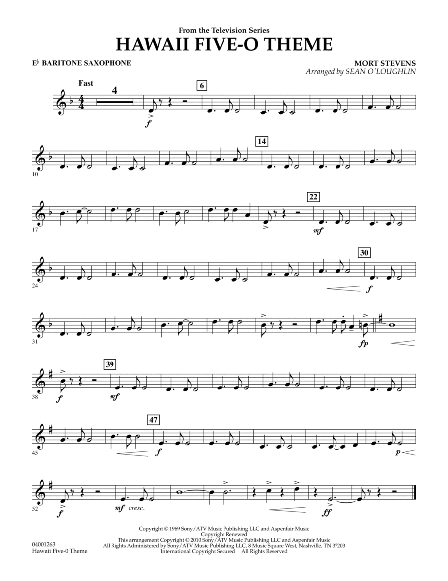 Hawaii Five-O Theme - Eb Baritone Saxophone