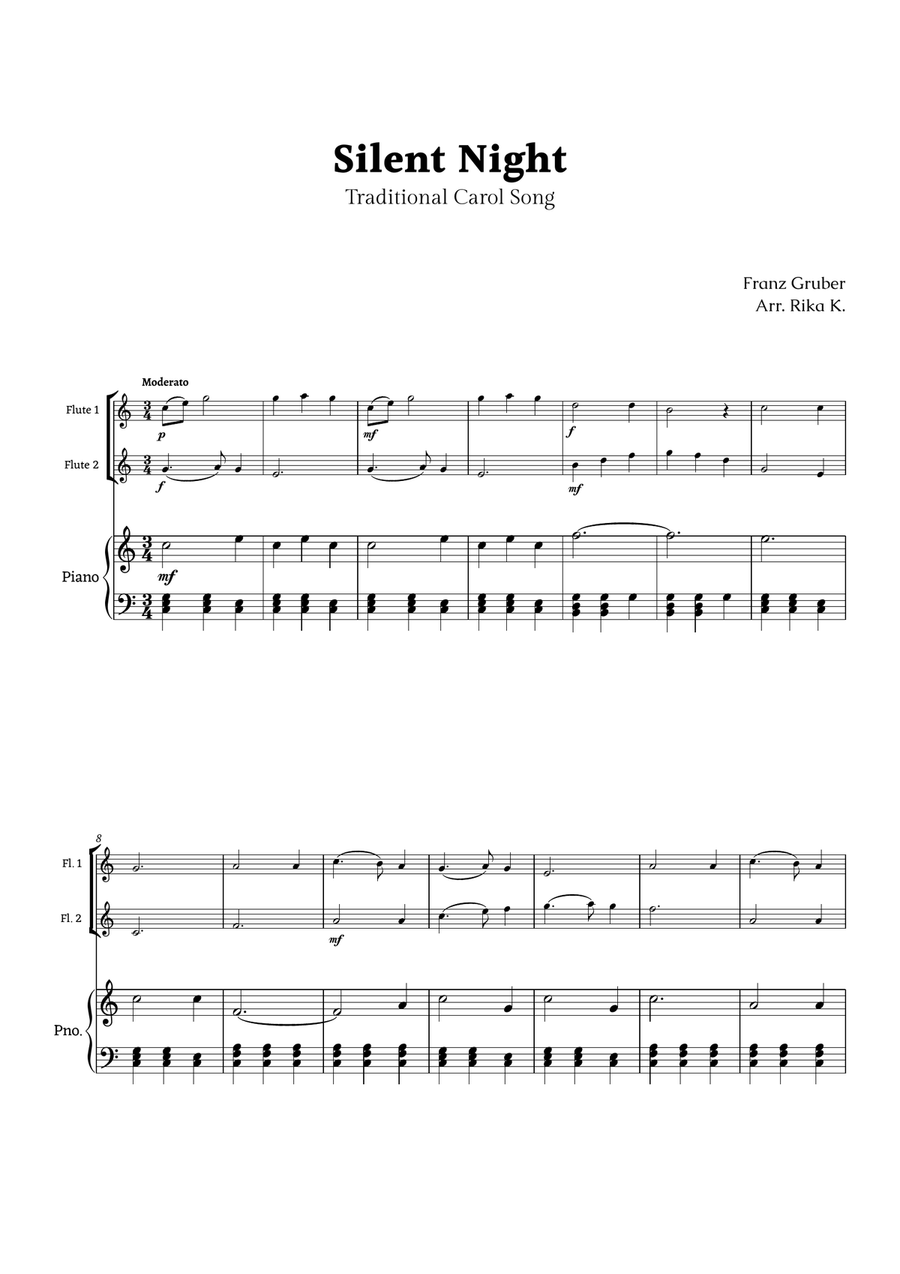 Silent Night for Flute Duet and Piano Flute Duet scores gallery preview page 1