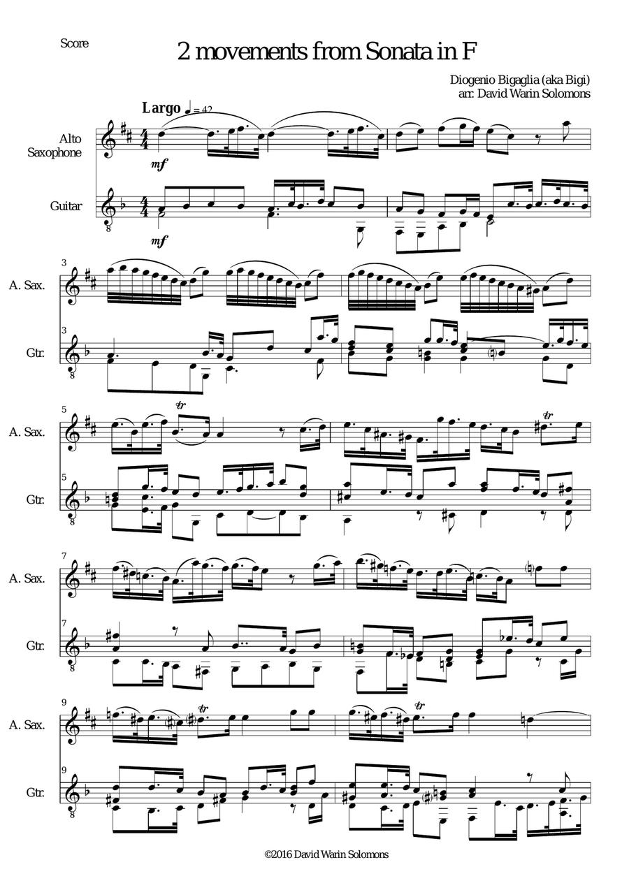 Sonata in F (first and last movements) for alto saxophone and guitar Alto Saxophone scores gallery preview page 1