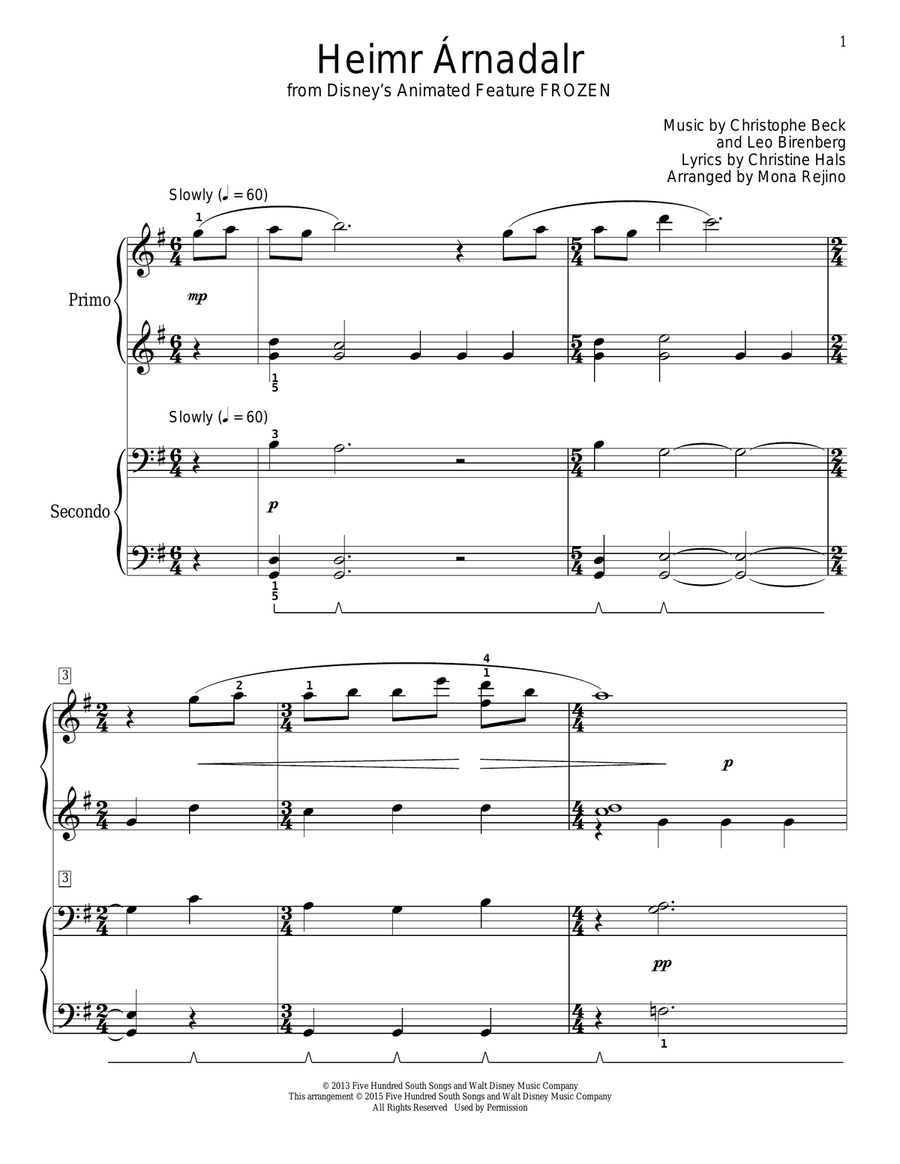 Heimr Arnadalr (from Disney's Frozen) (arr. Mona Rejino) Piano Duet scores gallery preview page 1