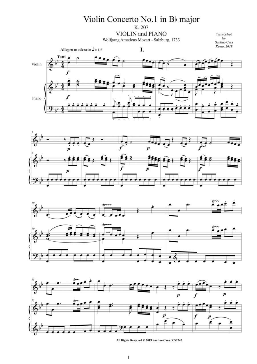 Mozart Violin Concerto No.1 in B flat K.207 for Violin and Piano