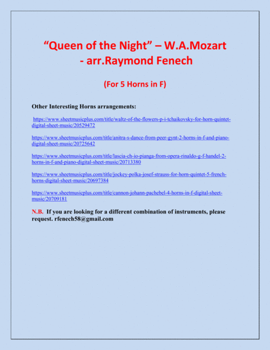 Queen of the Night - From the Magic Flute - 5 Horns in F Quintet image number null