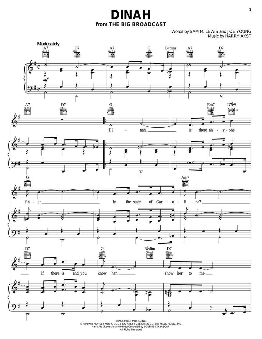 Dinah Piano, Vocal, Guitar scores gallery preview page 1