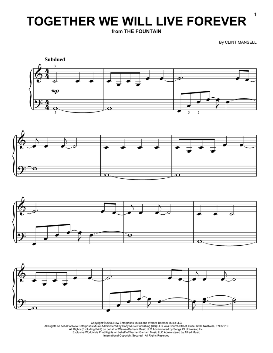 Together We Will Live Forever (from The Fountain) Easy Piano scores gallery preview page 1