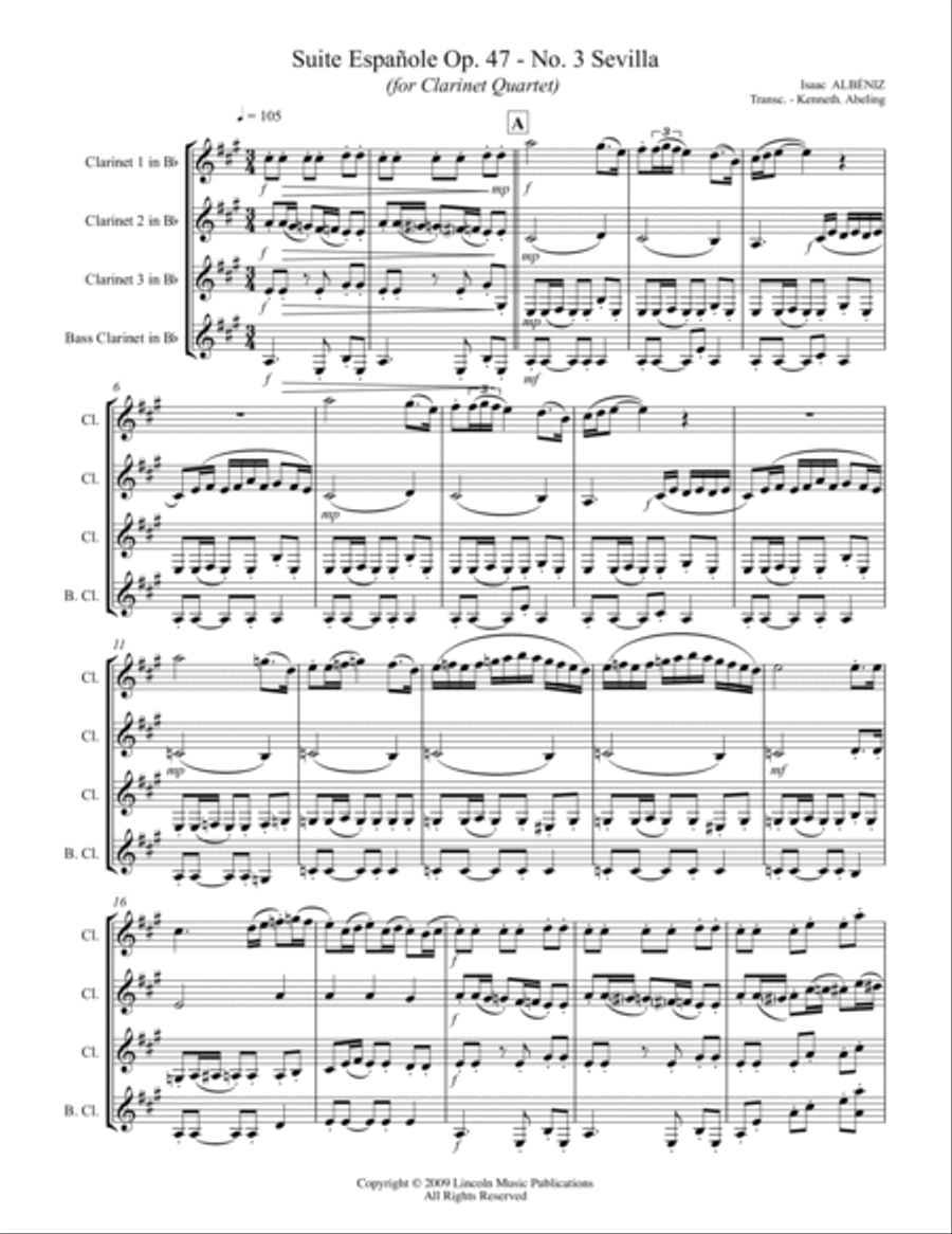 Albéniz - “Sevilla” from Suite Española (for Clarinet Quartet) Clarinet Quartet scores gallery preview page 2
