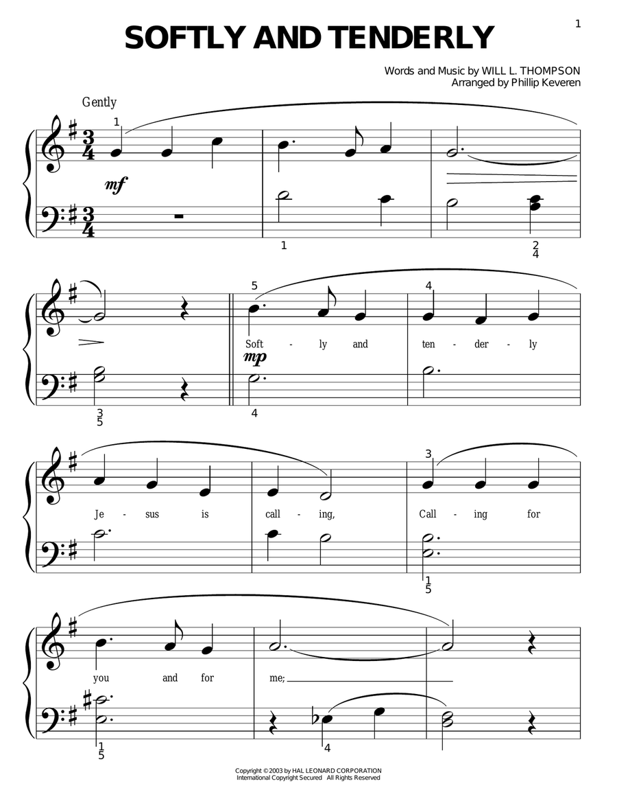 Softly And Tenderly (arr. Phillip Keveren) Easy Piano scores gallery preview page 1