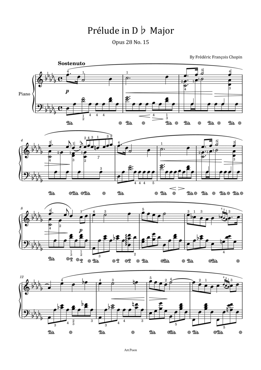 Chopin - Prélude in D♭ Major - Op.28 No. 15 - Original With Fingered 