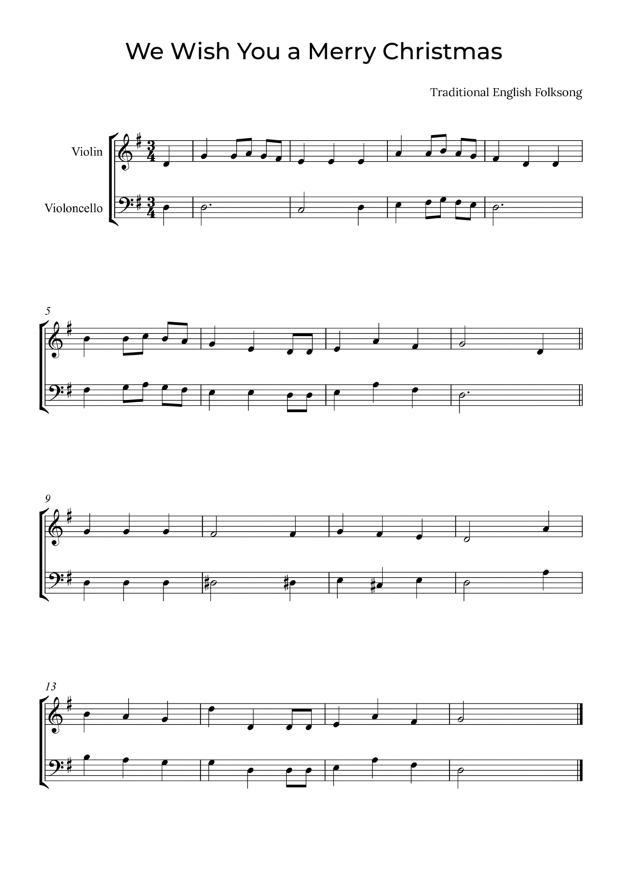 We Wish You a Merry Christmas - Violin and Cello String Duet scores gallery preview page 1