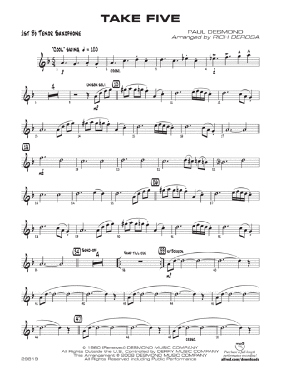 Take Five: B-flat Tenor Saxophone Jazz Ensemble scores gallery preview page 1