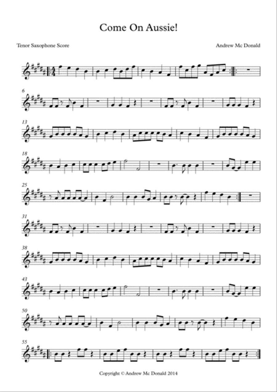 Come On Aussie Bb Tenor Saxophone Score Tenor Saxophone scores gallery preview page 1