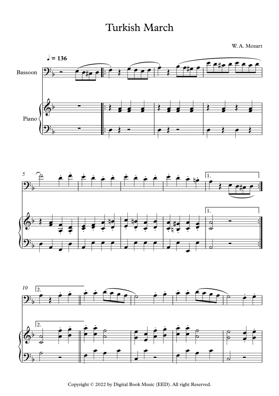Turkish March - Wolfgang Amadeus Mozart (Bassoon + Piano) Bassoon scores gallery preview page 1