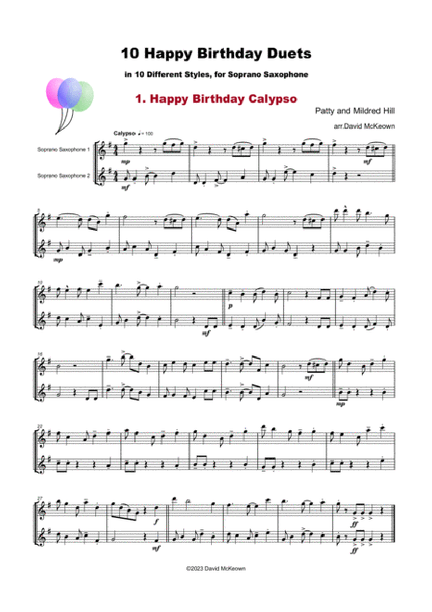 10 Happy Birthday Duets, (in 10 Different Styles), for Soprano Saxophone