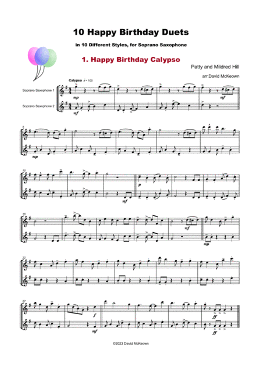 10 Happy Birthday Duets, (in 10 Different Styles), for Soprano Saxophone