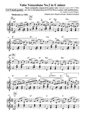 Book cover for Lauro (Antonio) - Valse Venezolano No.2 in E minor -arr. in Am for easy G-clef piano/harp (GCP/GCH)