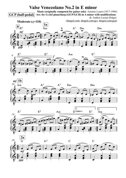 Lauro (Antonio) - Valse Venezolano No.2 in E minor -arr. in Am for easy G-clef piano/harp (GCP/GCH) image number null