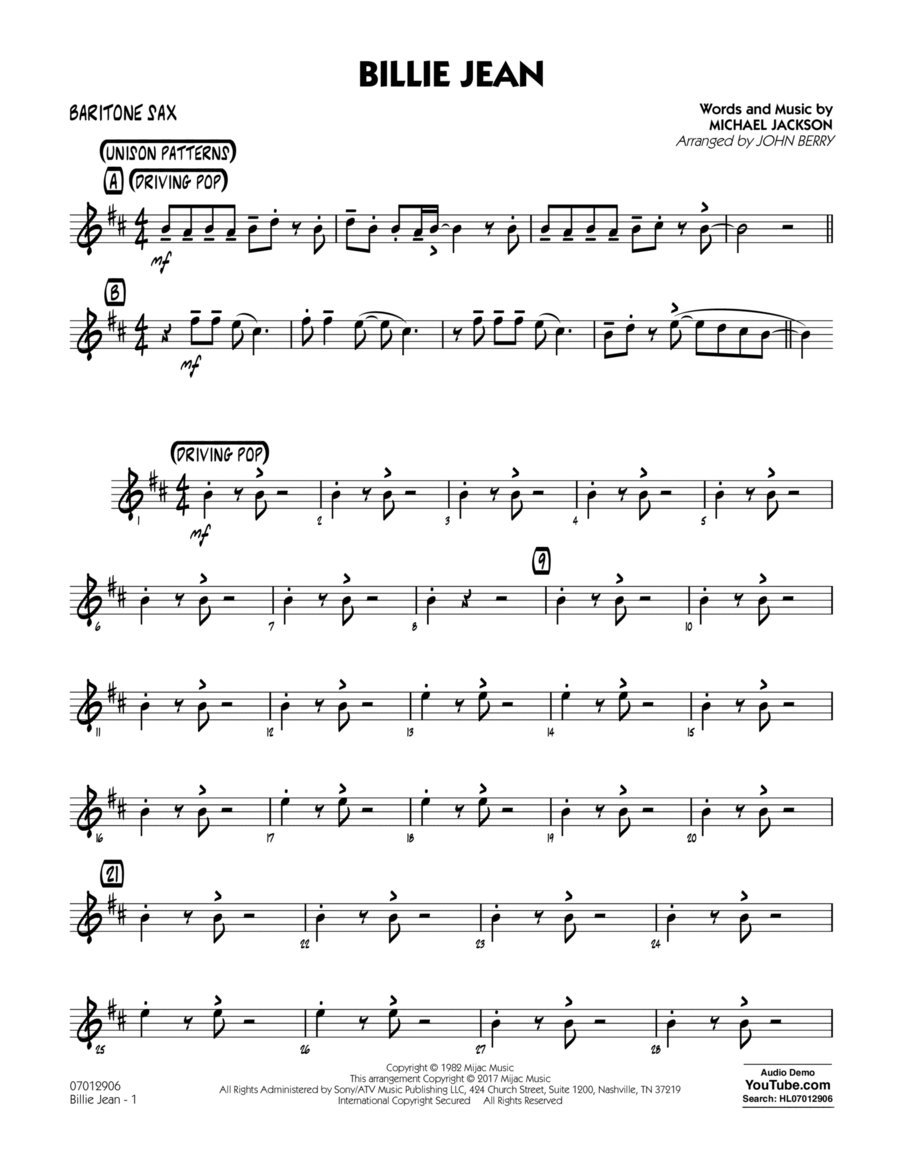Billie Jean - Baritone Sax Baritone Saxophone scores gallery preview page 1