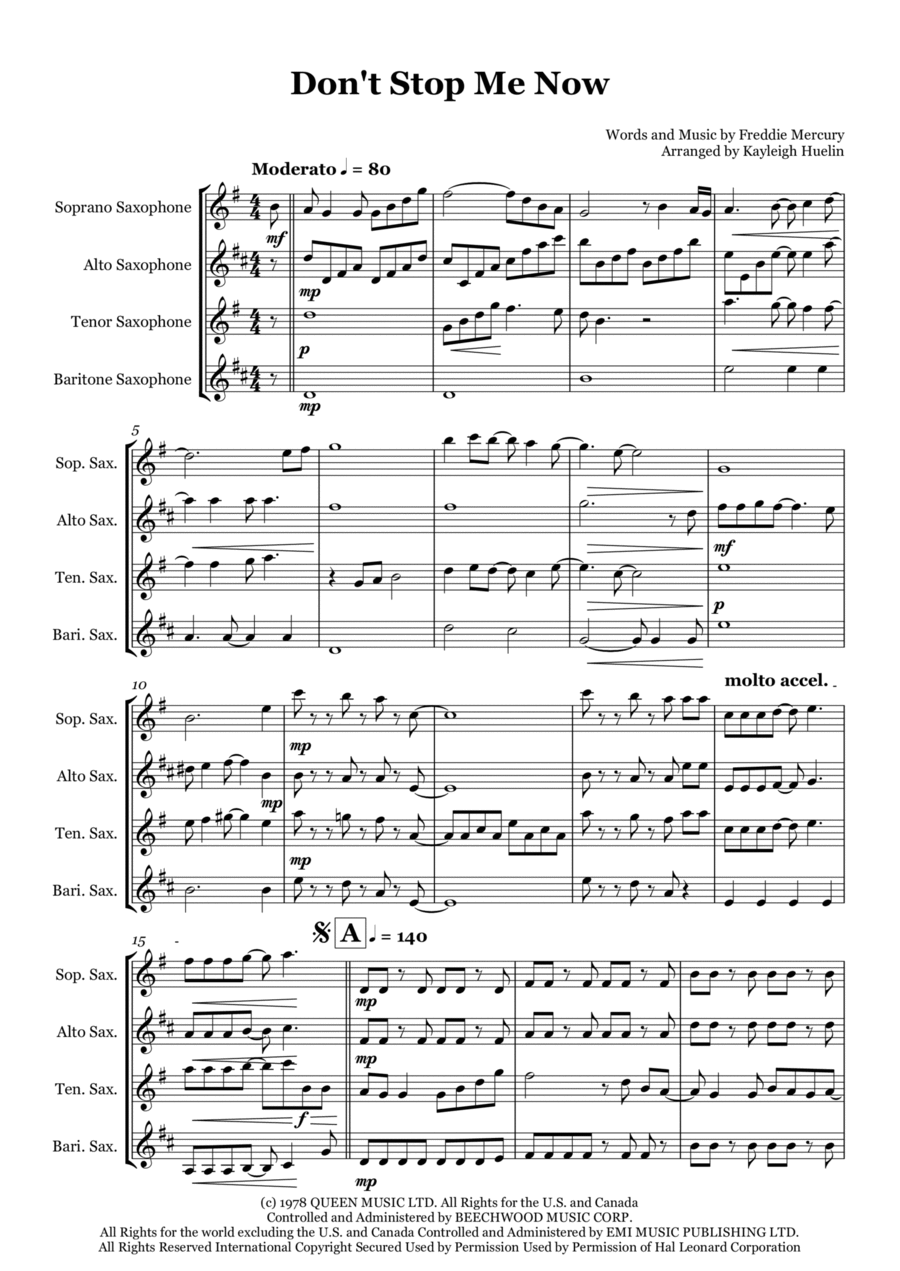 Don't Stop Me Now Saxophone Quartet scores gallery preview page 1