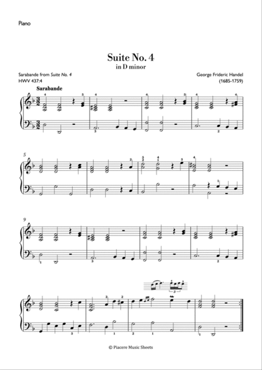 Handel - Sarabande from Suite in D Minor HWV 437 - Intermediate Piano Solo scores gallery preview page 2