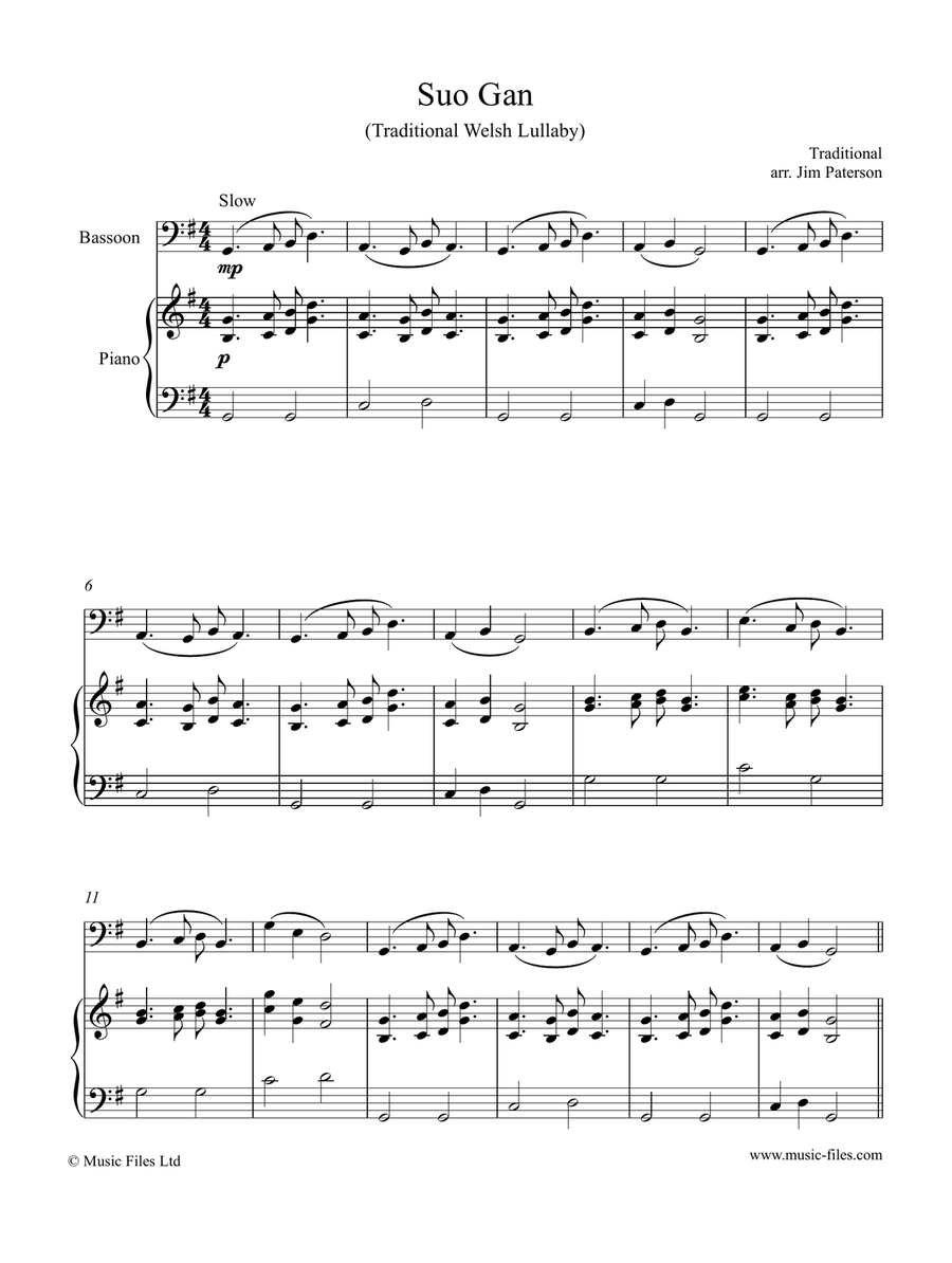 Suo Gan: Welsh Lullaby - Bassoon and Piano Bassoon Solo scores gallery preview page 1
