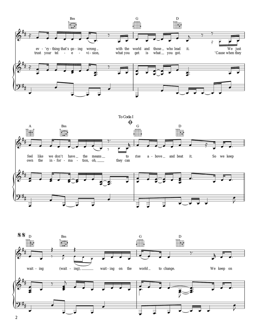 Waiting On The World To Change Piano, Vocal, Guitar scores gallery preview page 2