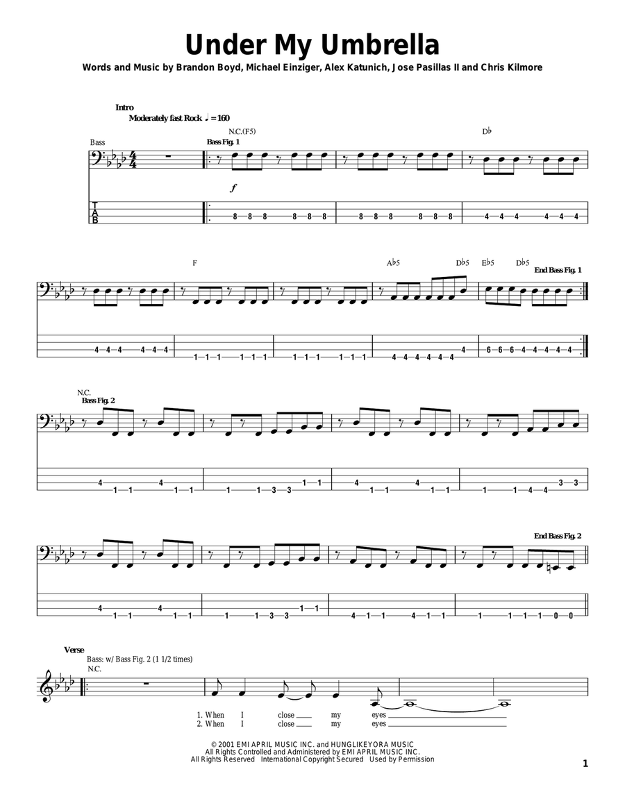 Under My Umbrella Bass Guitar Tablature scores gallery preview page 1