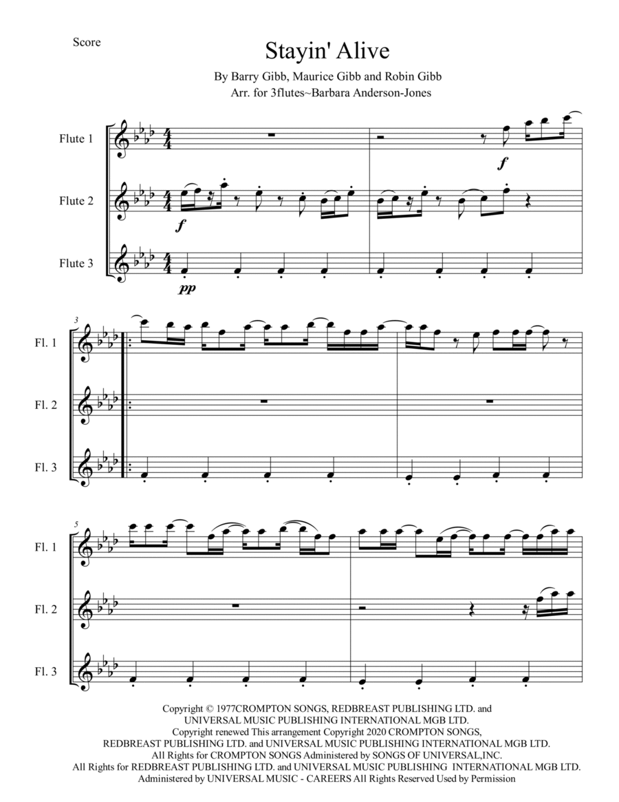 Stayin' Alive - Score Only Woodwind Trio scores gallery preview page 1