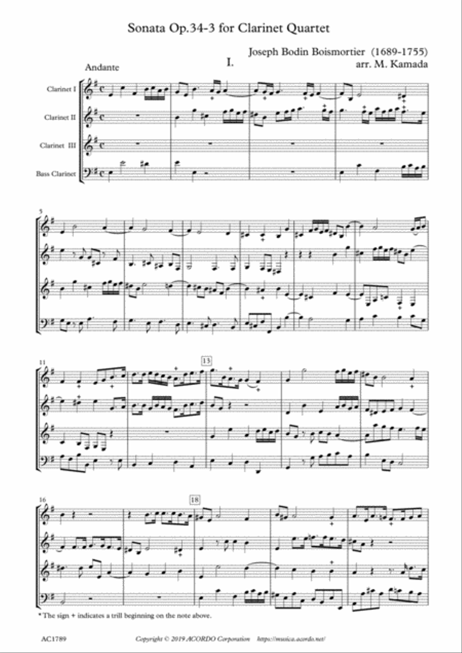 Sonata Op.34-3 for Clarinet quartet Clarinet Quartet scores gallery preview page 1