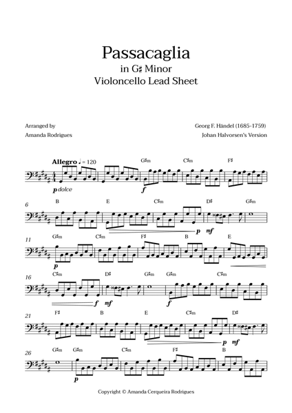 Passacaglia - Easy Cello Lead Sheet in G#m Minor (Johan Halvorsen's Version) image number null