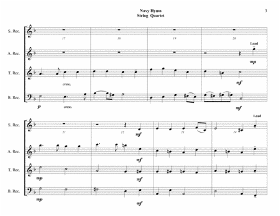Navy Hymn (Eternal Father, Strong to Save) - Recorder Quartet (SATB) - Intermediate 4-Part scores gallery preview page 3