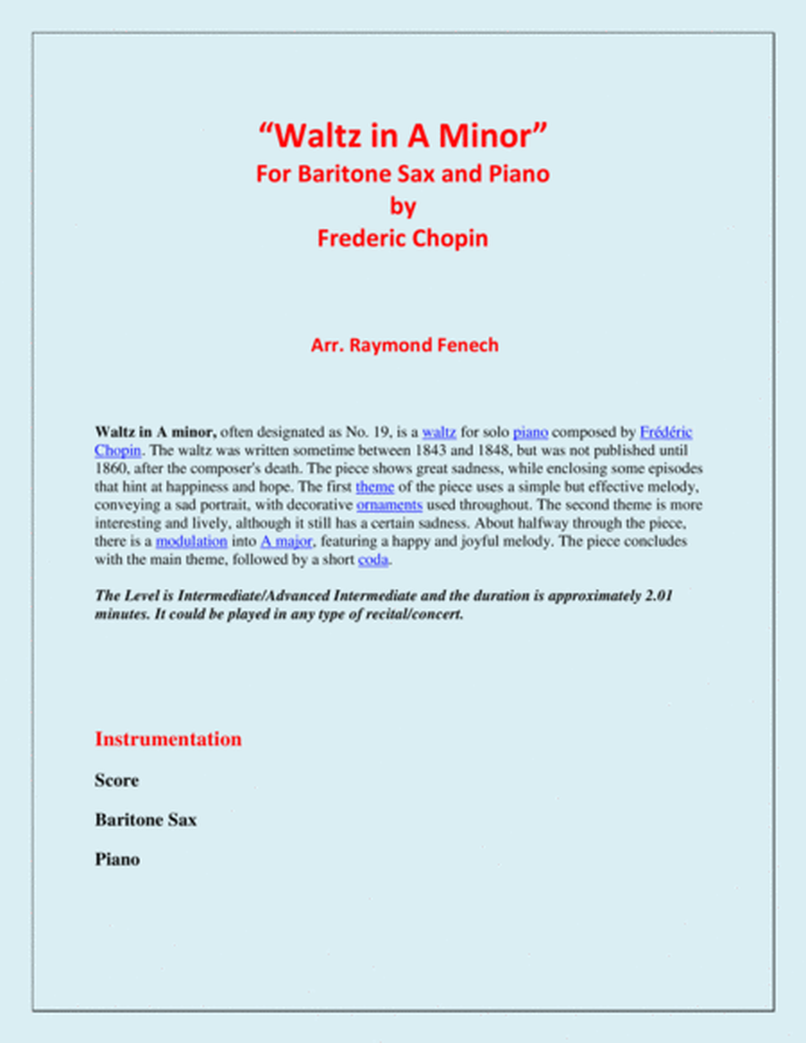 Waltz in A Minor (Chopin) - Baritone Saxophone and Piano - Chamber music image number null