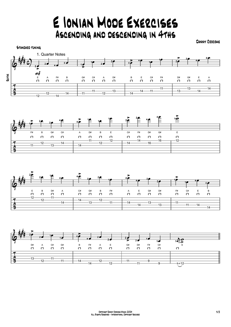 E Ionian Mode Exercises - Ascending and Descending in 4ths Acoustic Guitar scores gallery preview page 1