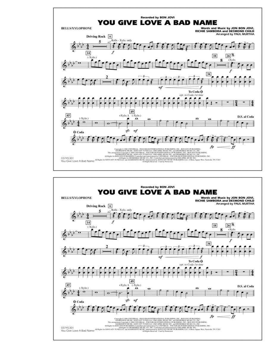 You Give Love a Bad Name - Bells/Xylophone Marching Band scores gallery preview page 1