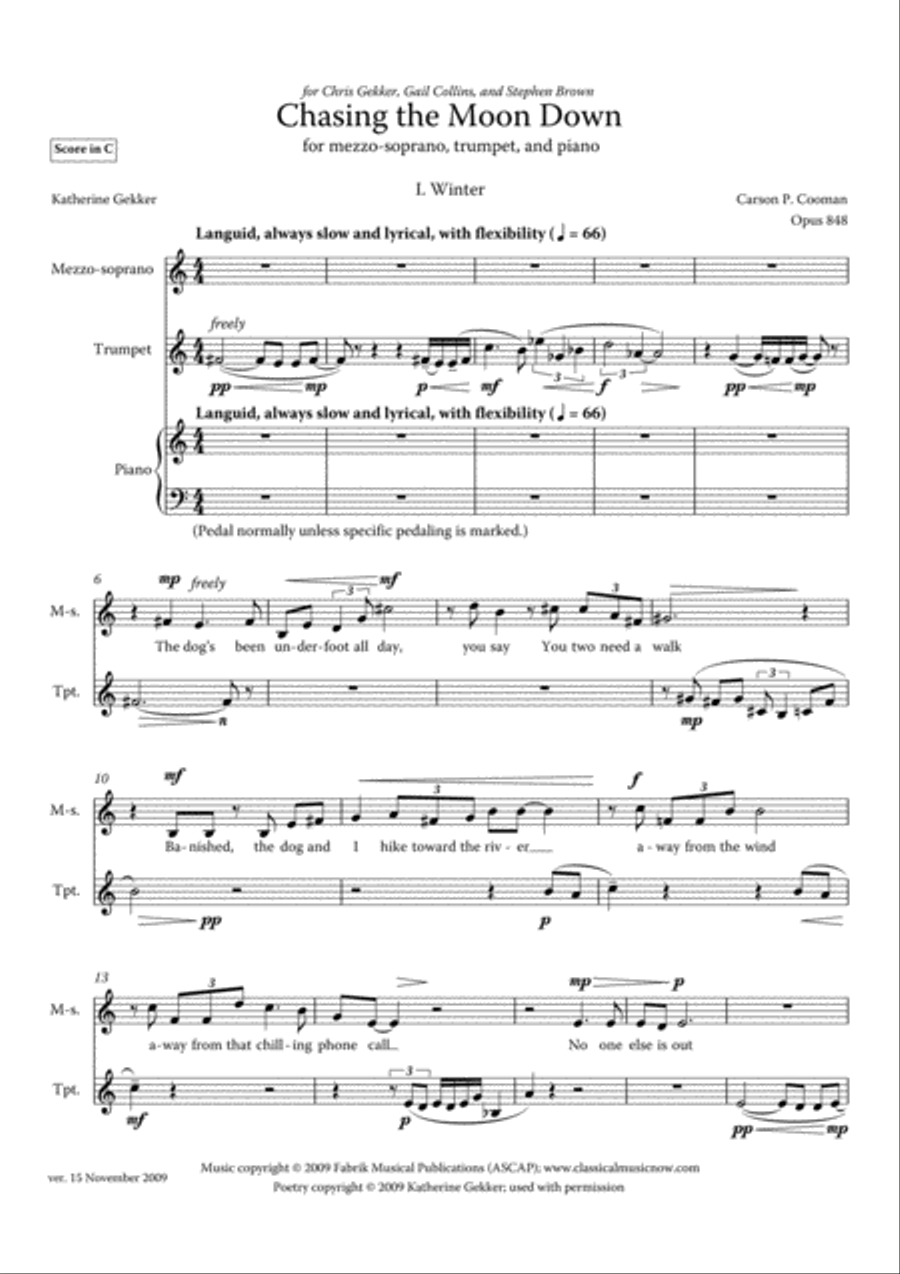 Carson Cooman : Chasing the Moon Down (2009), for mezzo-soprano, trumpet, and piano