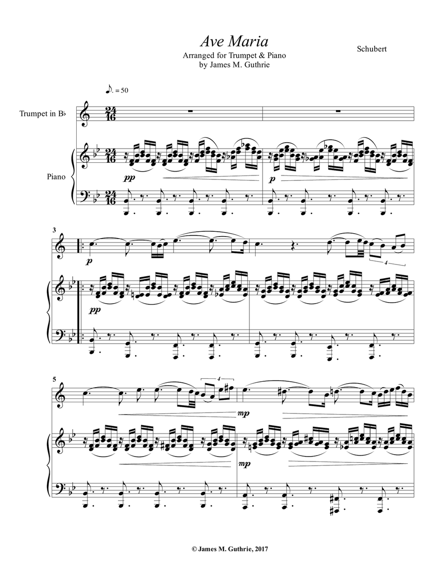 Schubert: Ave Maria for Trumpet & Piano B-Flat Trumpet scores gallery preview page 1