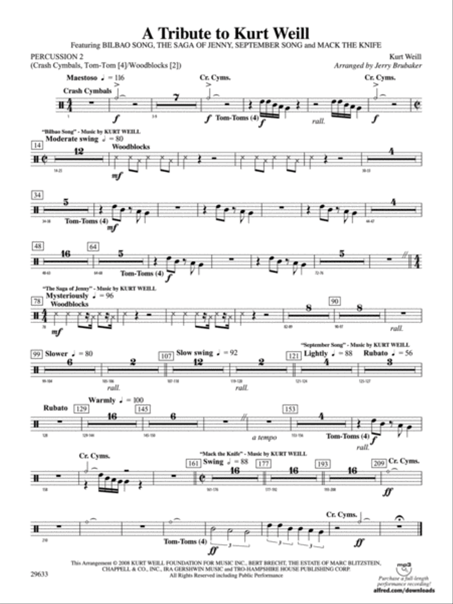 A Tribute to Kurt Weill: 2nd Percussion Concert Band scores gallery preview page 1