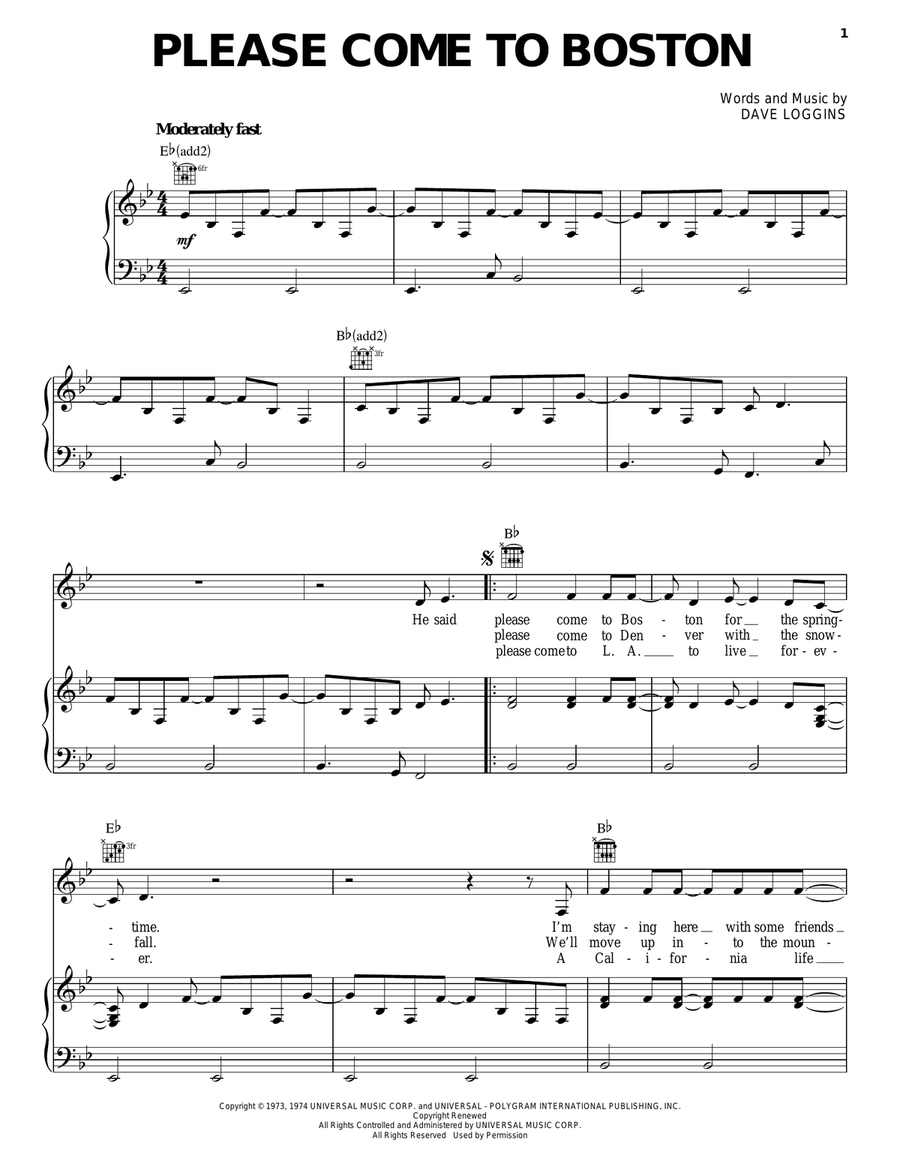 Please Come To Boston Piano, Vocal, Guitar scores gallery preview page 1