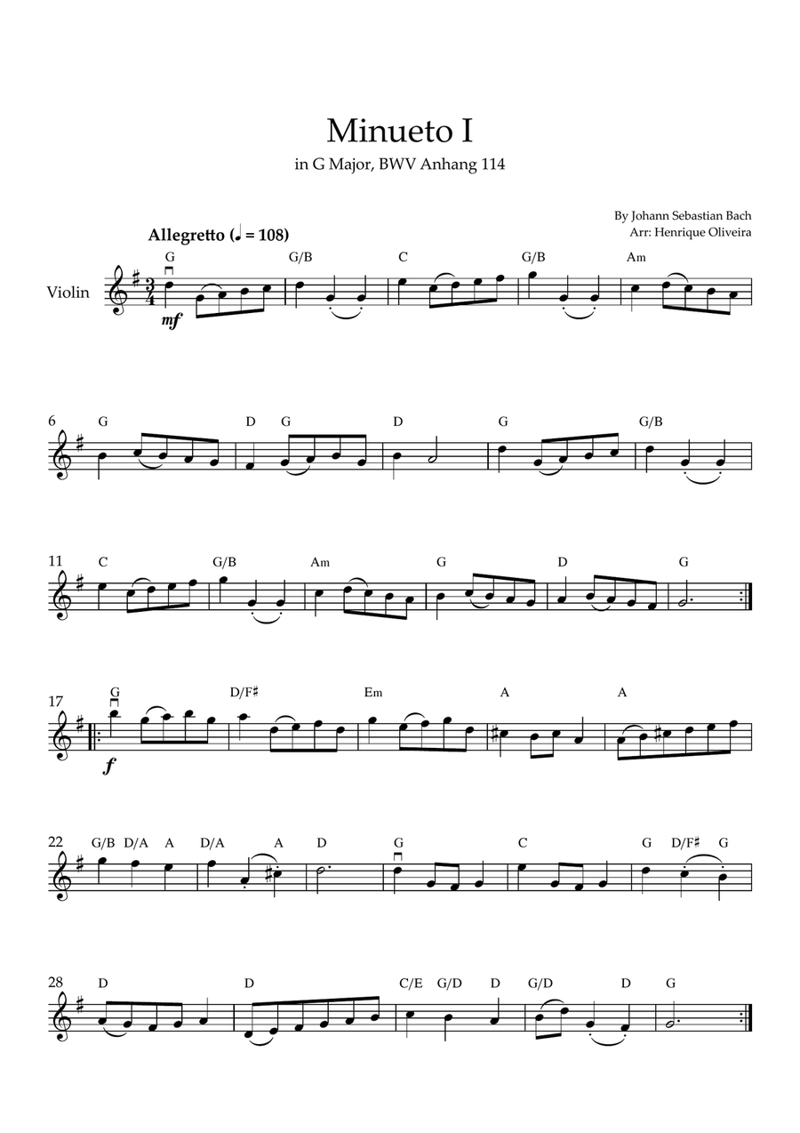 Minueto I in G Major, BWV Anhang 114 (Violin + Chords) Violin scores gallery preview page 1