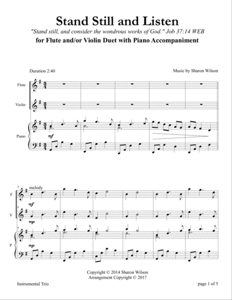 Stand Still and Listen (Flute and/or Violin Duet with Piano accompaniment) Flute scores gallery preview page 3