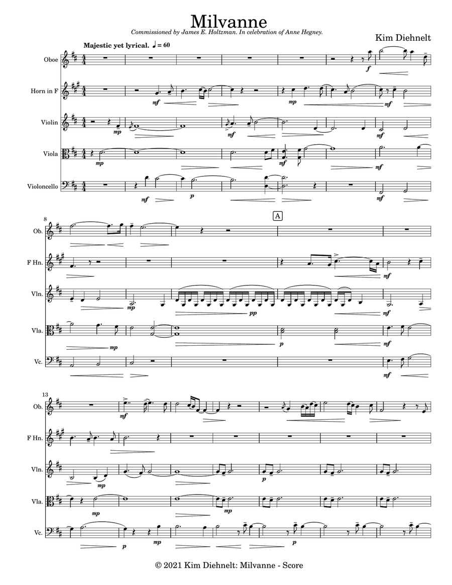 Diehnelt: Milvanne for Oboe, Horn, and String Trio Small Ensemble scores gallery preview page 3
