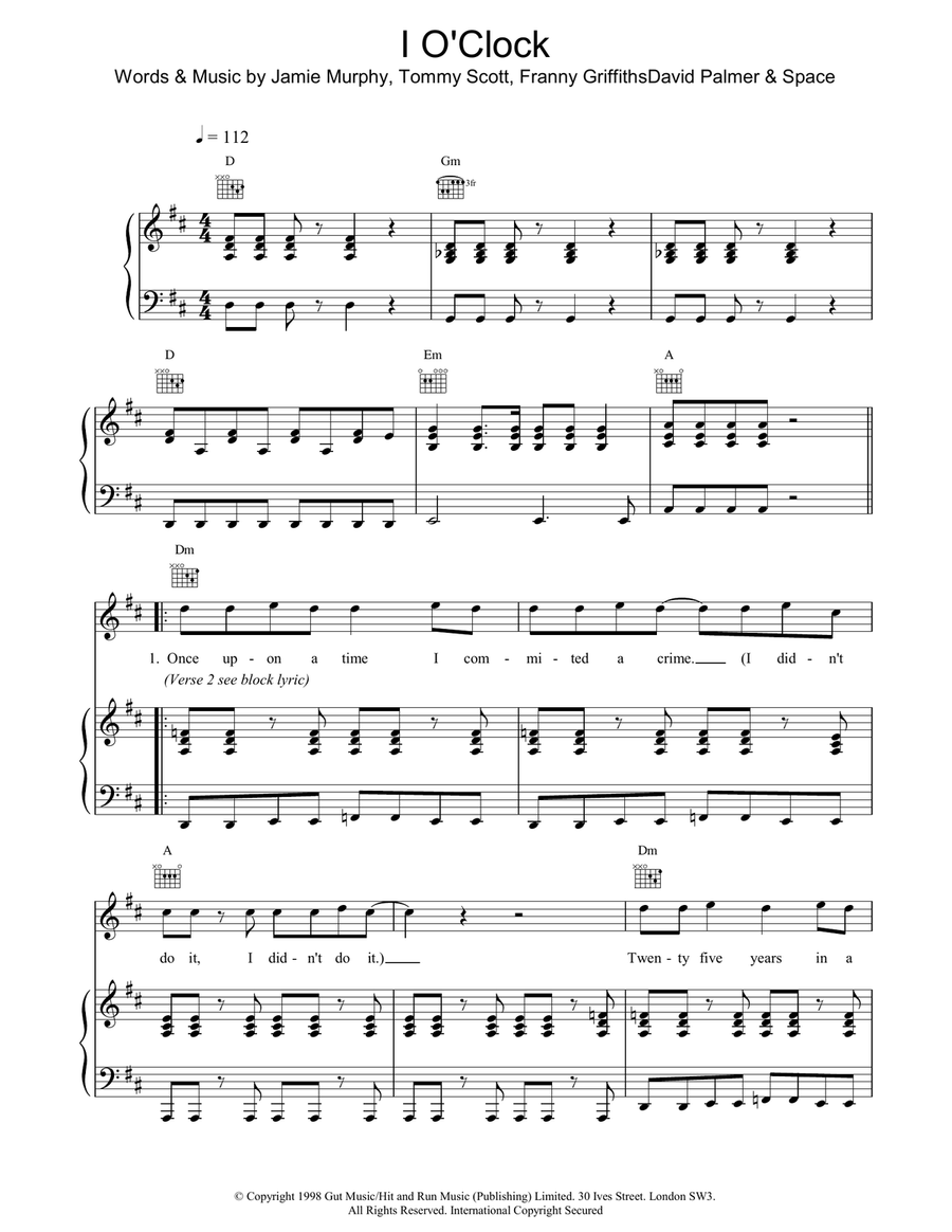 I O'Clock Piano, Vocal, Guitar scores gallery preview page 1