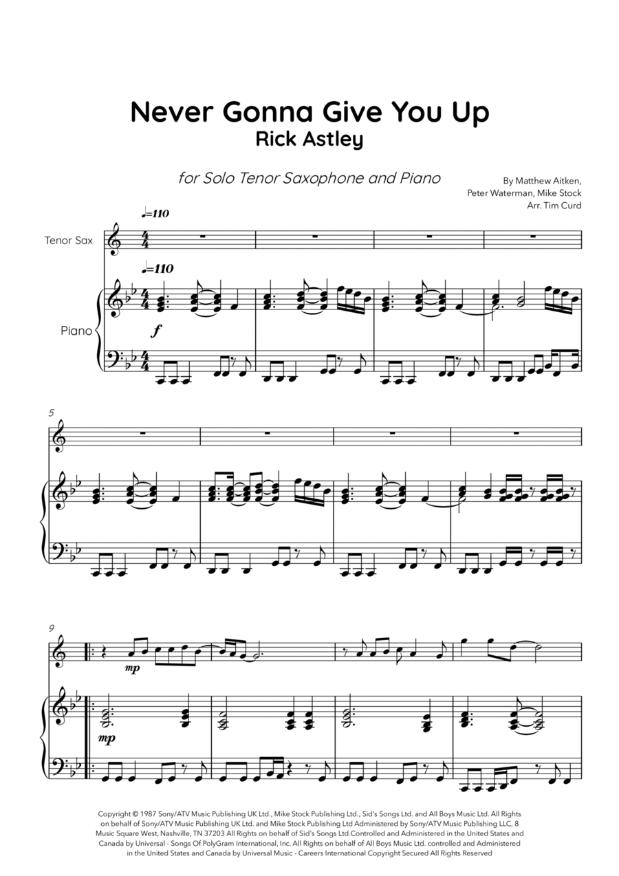 Never Gonna Give You Up Never Gonna Give You Up Tenor Saxophone scores gallery preview page 1