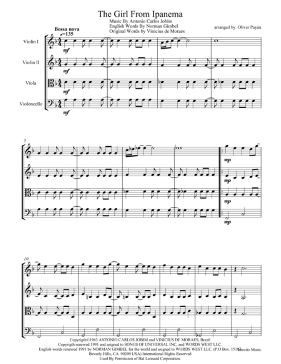 The Girl From Ipanema (Garota De Ipanema) String Quartet scores gallery preview page 1