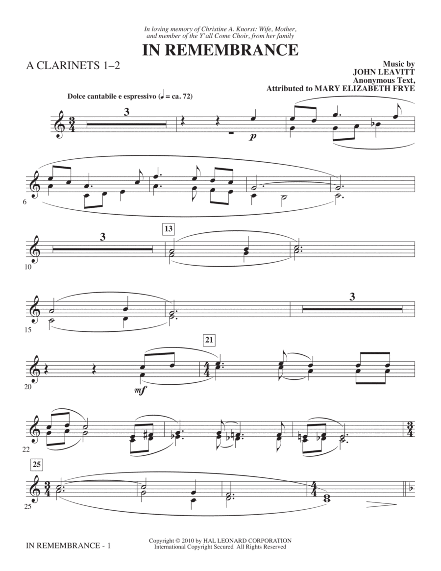 In Remembrance - A Clarinet 1,2 Choir scores gallery preview page 1