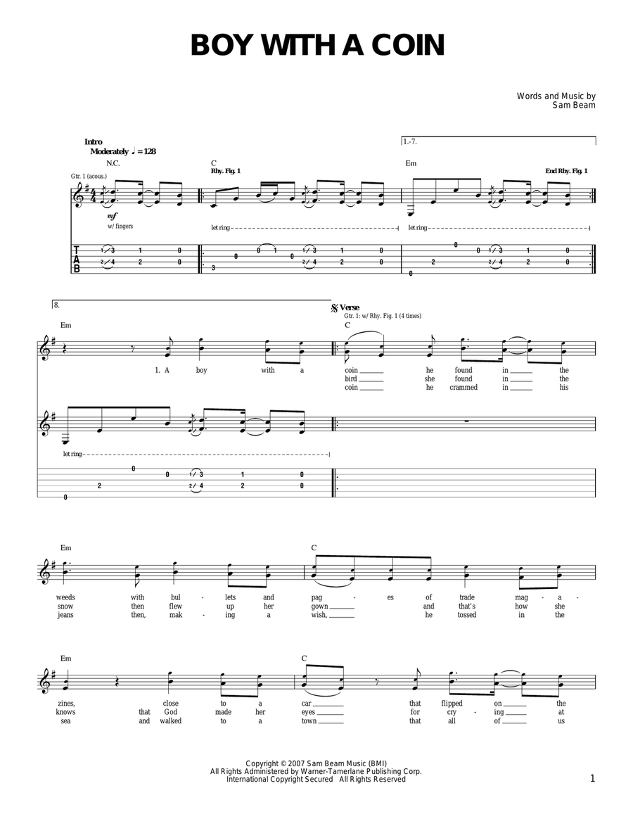 Boy With A Coin by Iron & Wine Easy Guitar Digital Sheet Music