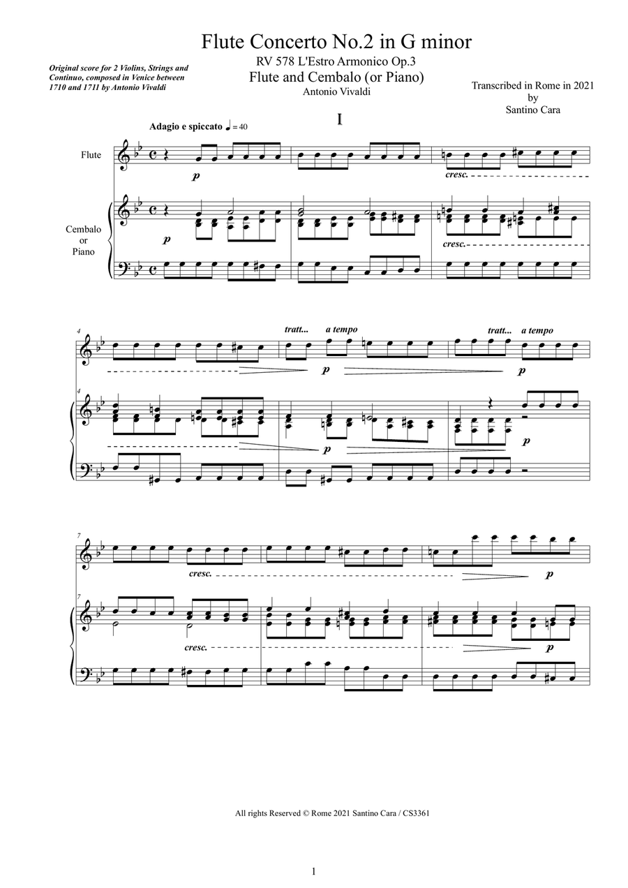 Book cover for Vivaldi - Flute Concerto No.2 in G minor RV 578 Op.3 for Flute and Cembalo (or Piano)