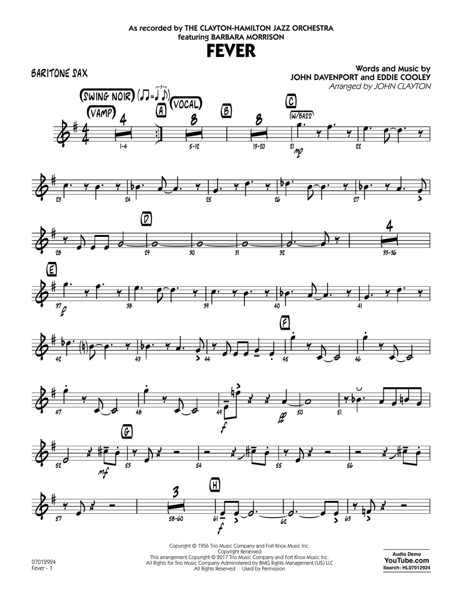 Fever (Key: G min) - Baritone Sax Jazz Ensemble scores gallery preview page 1