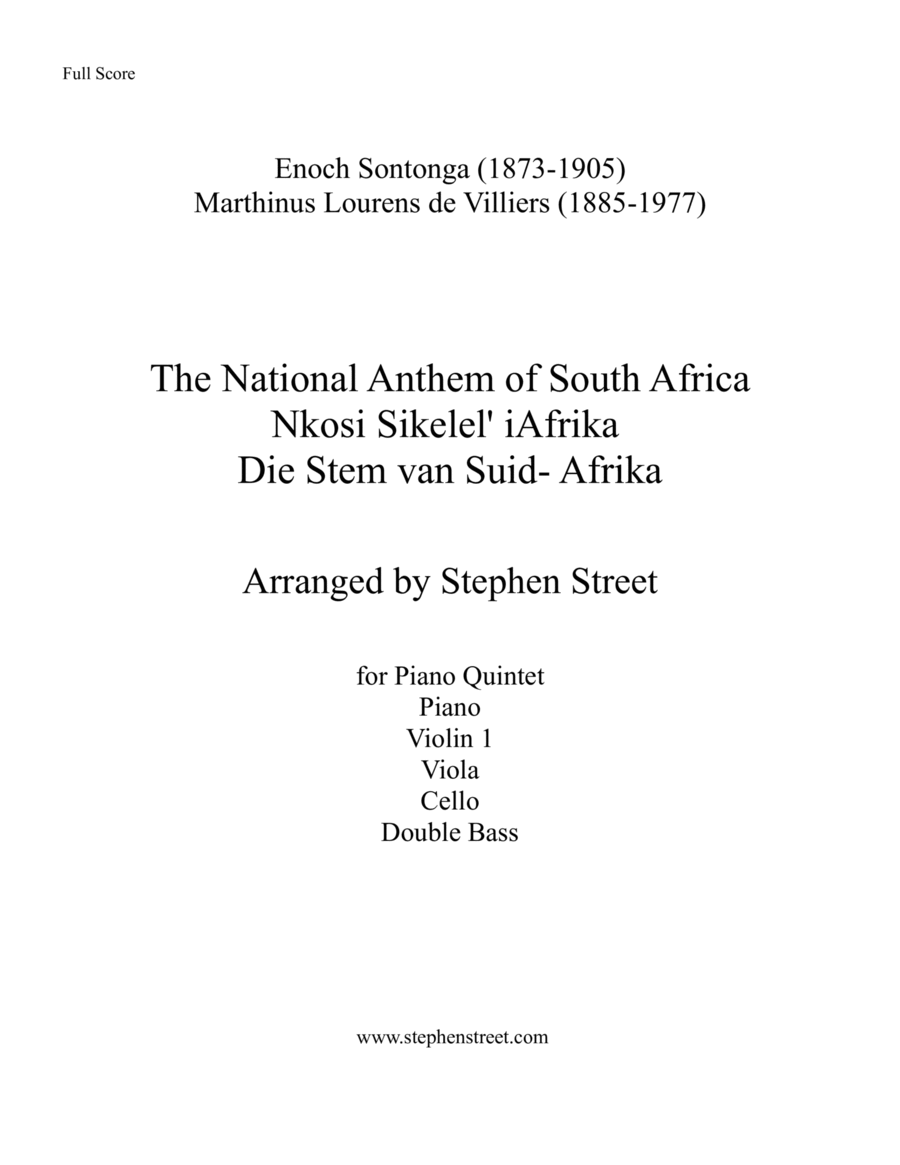 The National Anthem of South Africa, Nkosi Sikelel' iAfrika (Piano Quintet) Piano Quintet scores gallery preview page 1