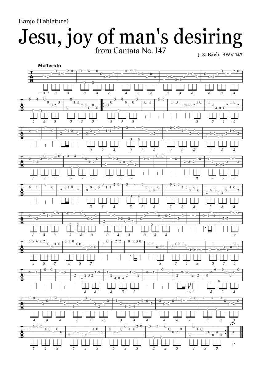 JESU, JOY OF MAN'S DESIRING by Bach - easy version for Banjo (Tablature) and piano with chords image number null