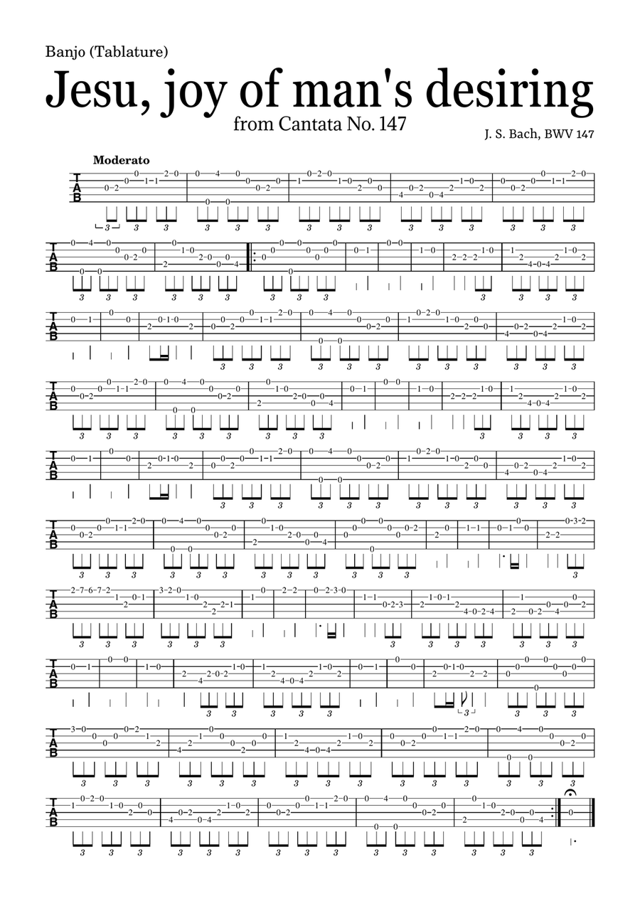 JESU, JOY OF MAN'S DESIRING by Bach - easy version for Banjo (Tablature) and piano with chords Piano, Vocal scores gallery preview page 1