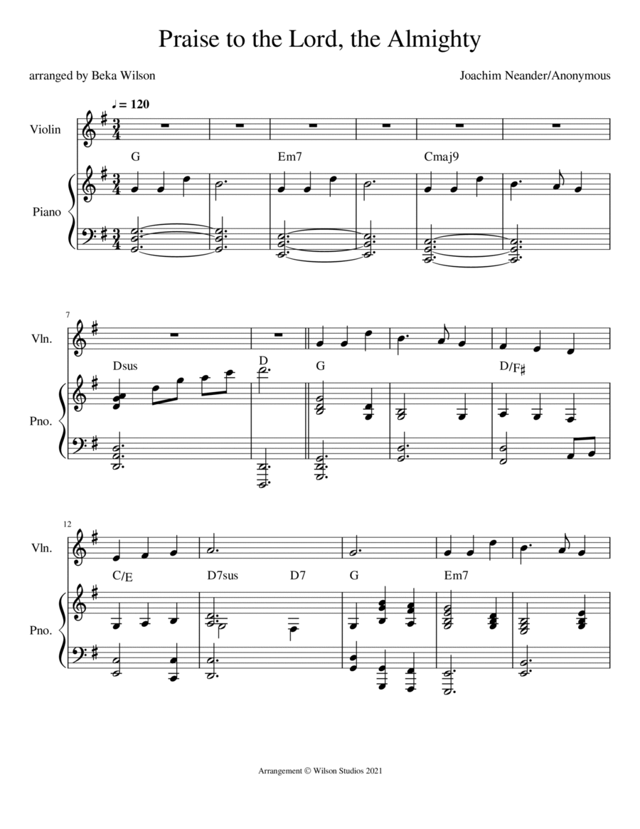 Praise to the Lord, the Almighty--violin solo Violin Solo scores gallery preview page 1